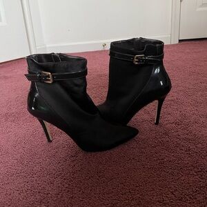 Charles by Charles David Brown Satin Stretch with Brown Patent Leather Heels